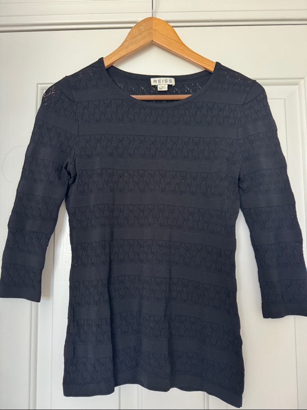 Reiss Black Lace-Striped Knit Top with Three-Quarter Sleeves